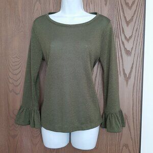 J Crew Olive Green Metallic Bell Sleeve Top Size Medium Sheer Sparkly
